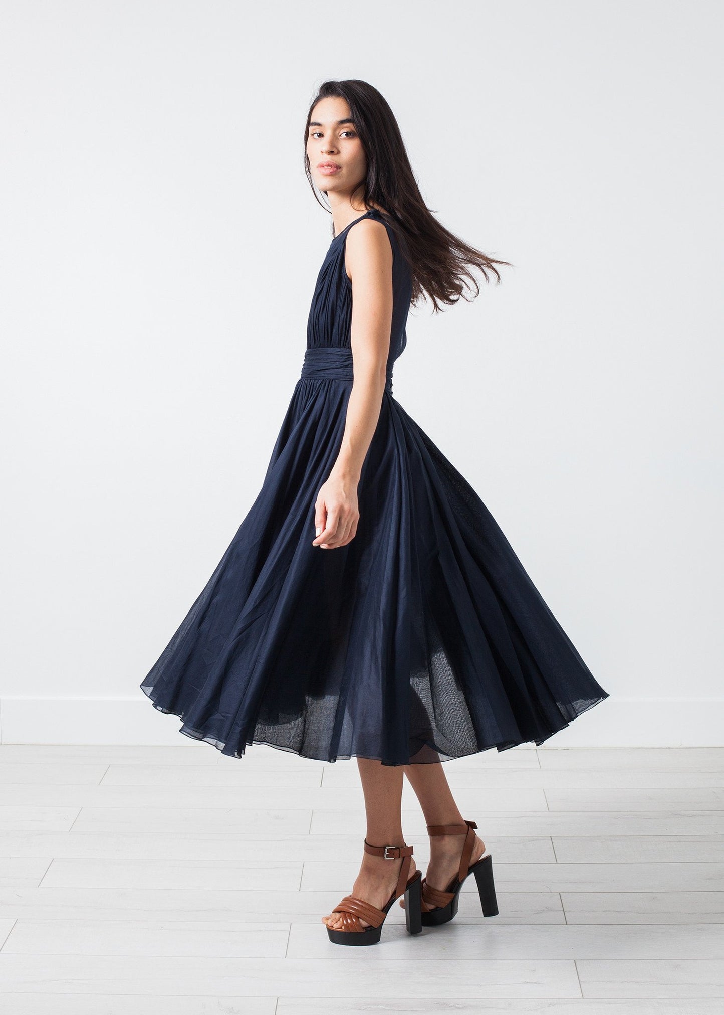 Voile V-Neck Dress in Navy Amelia Toro