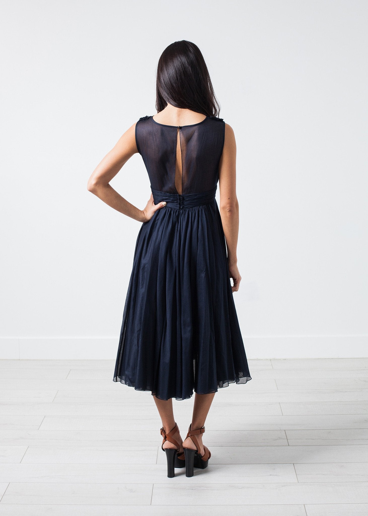 Voile V-Neck Dress in Navy Amelia Toro