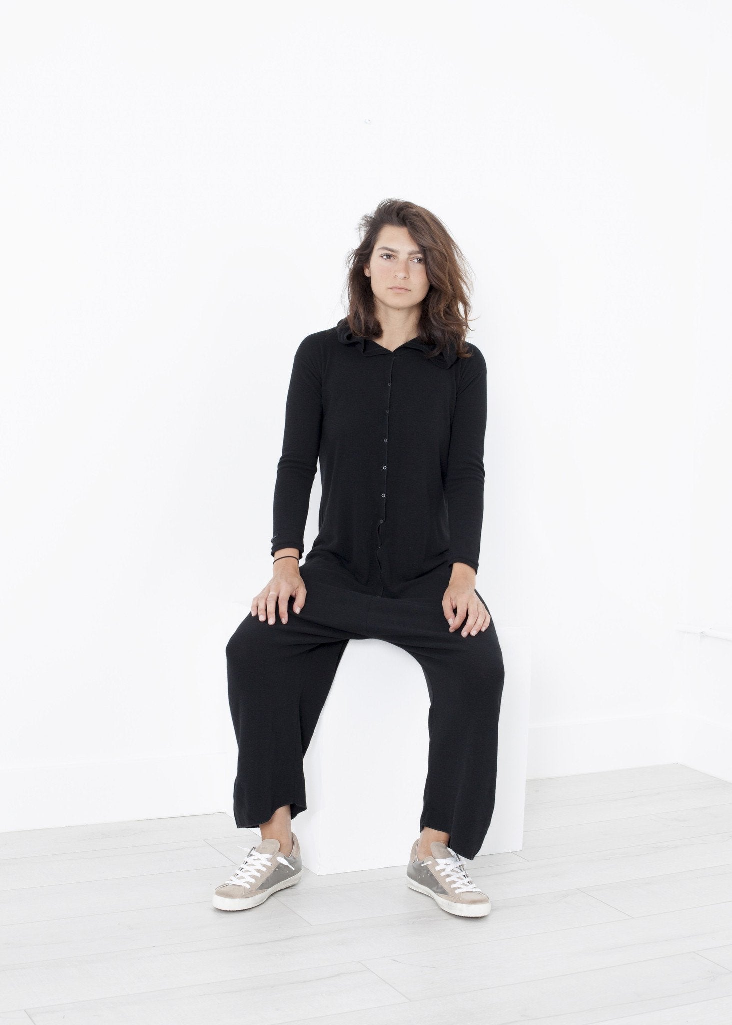 Knit Hooded Jumpsuit in Black Album di Famiglia