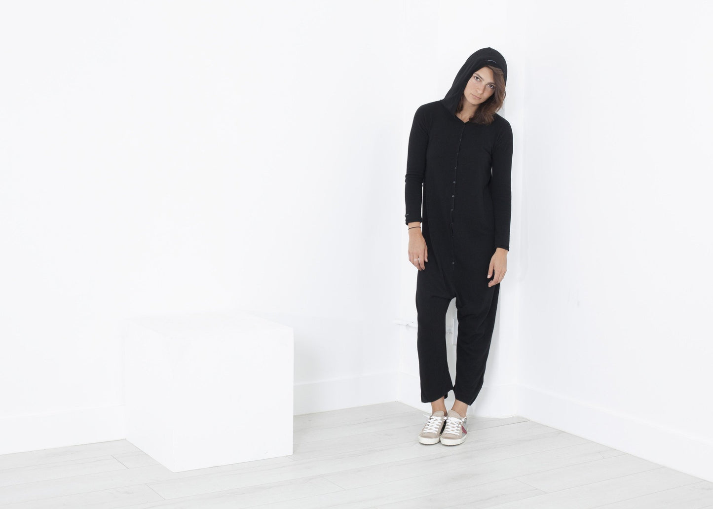 Knit Hooded Jumpsuit in Black Album di Famiglia