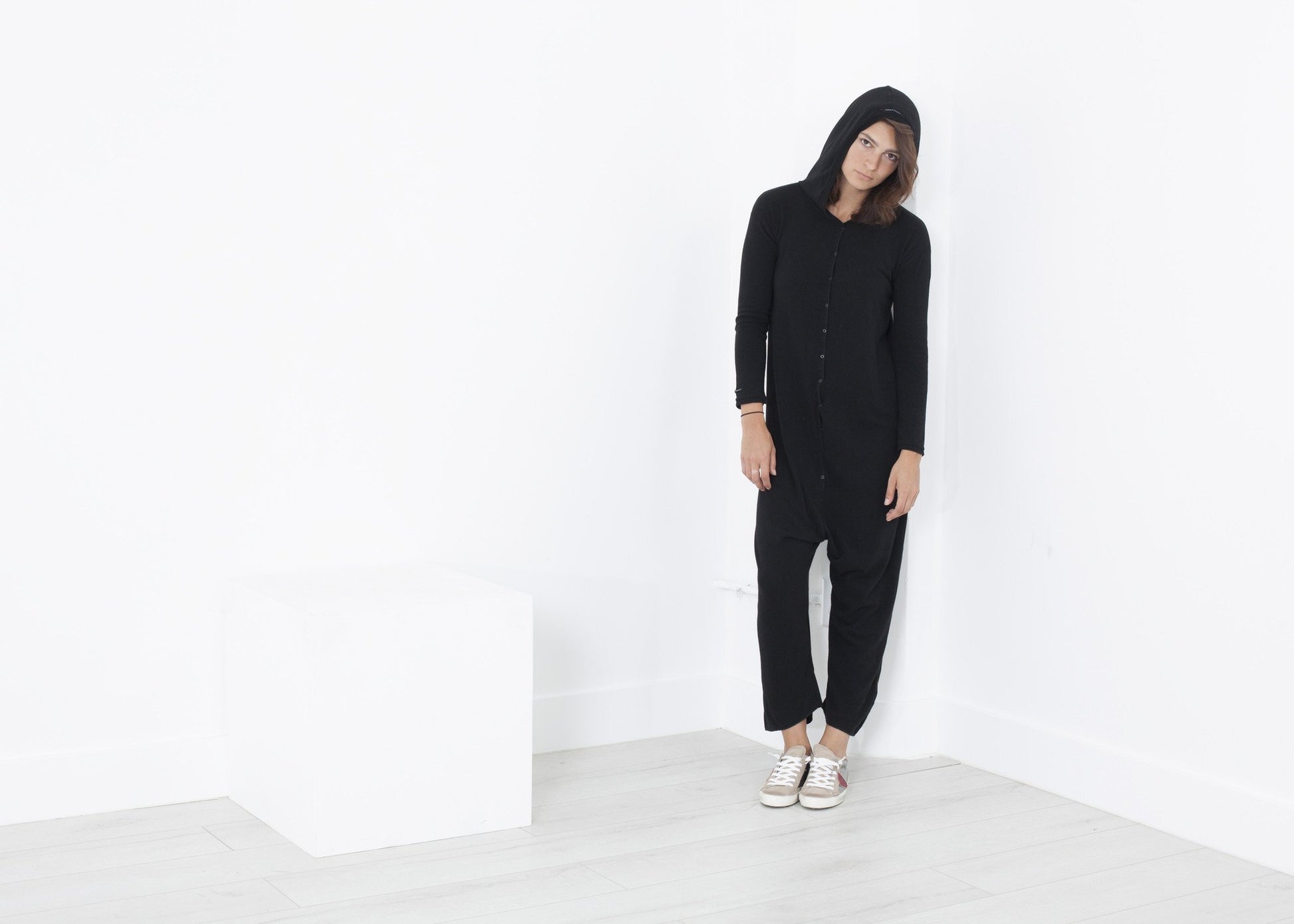 Knit Hooded Jumpsuit in Black Album di Famiglia