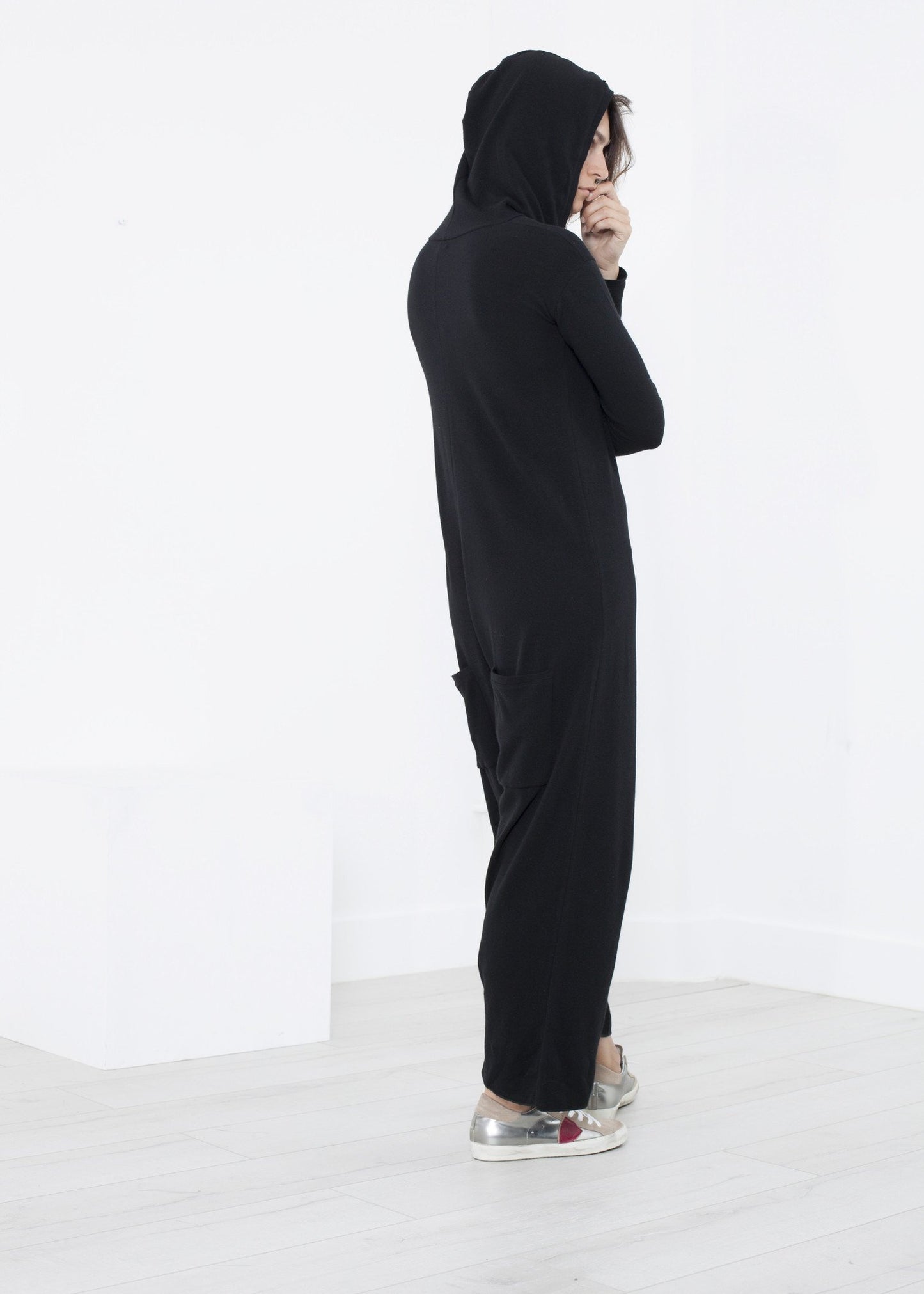 Knit Hooded Jumpsuit in Black Album di Famiglia