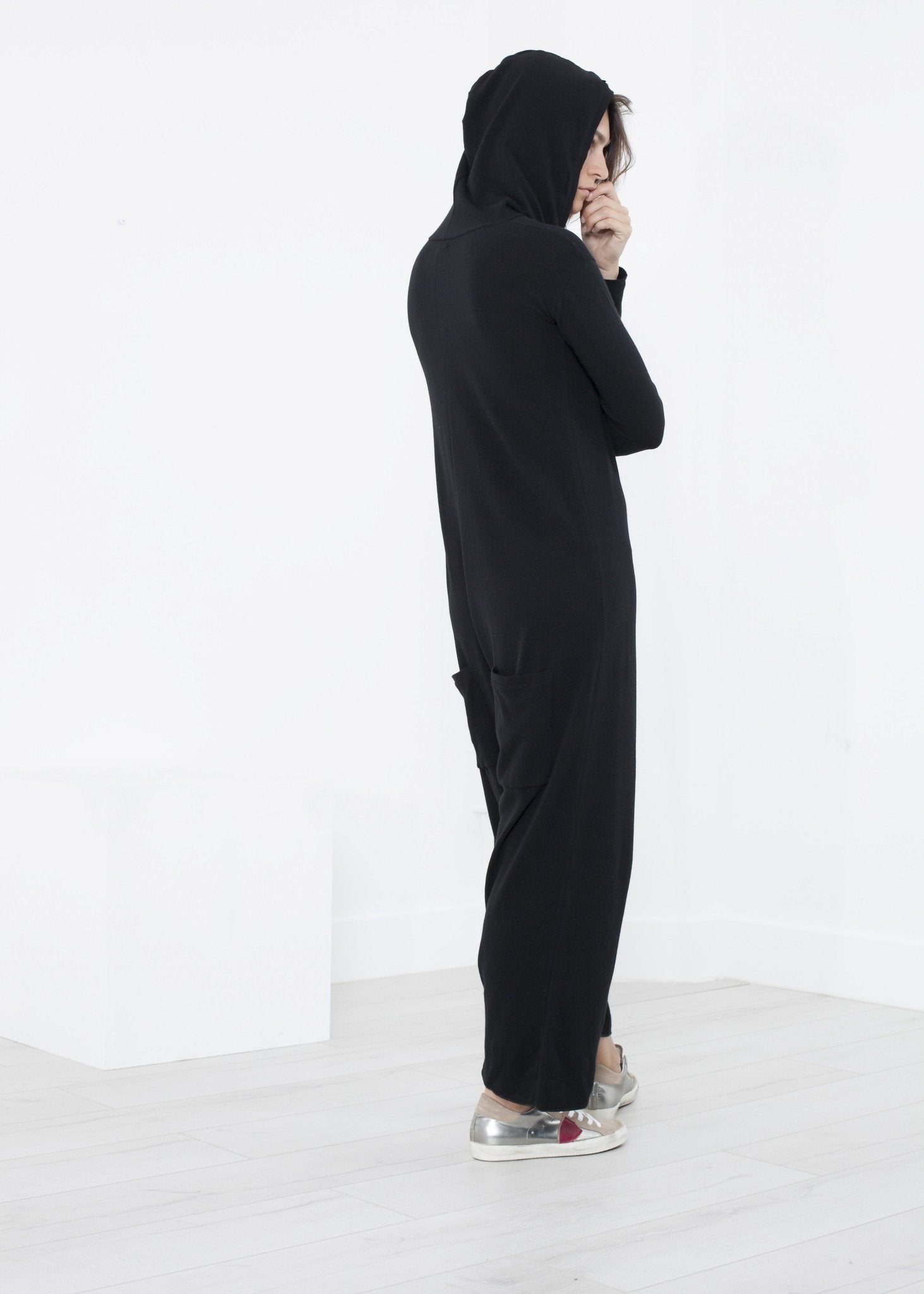 Knit Hooded Jumpsuit in Black Album di Famiglia