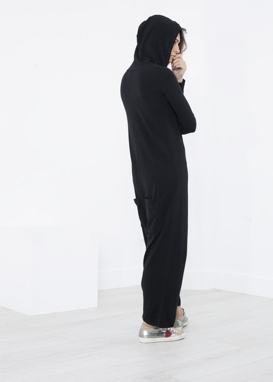 Knit Hooded Jumpsuit in Black Album di Famiglia