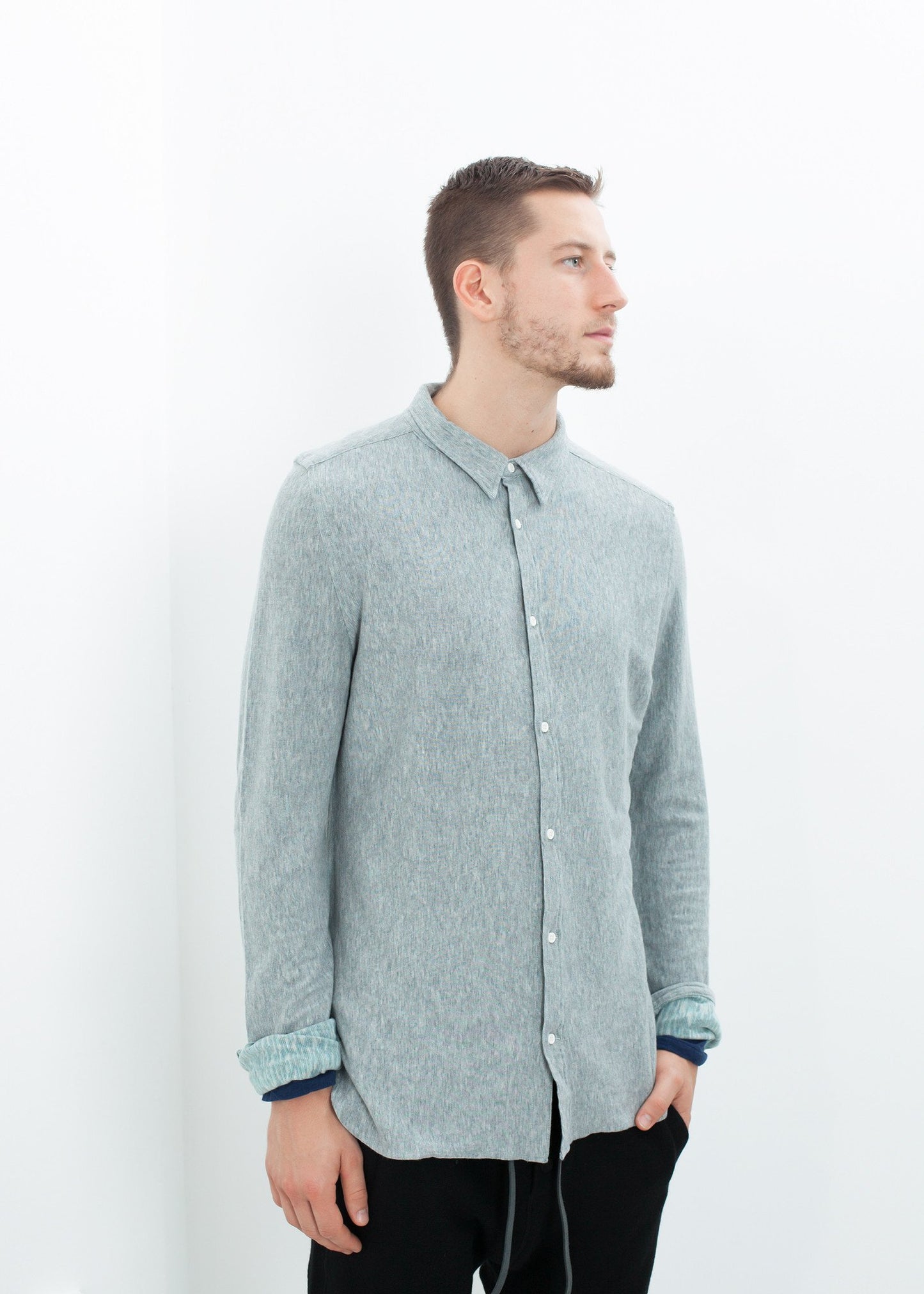 Kasuri Jersey Button-Up in Blue Grey V:Room