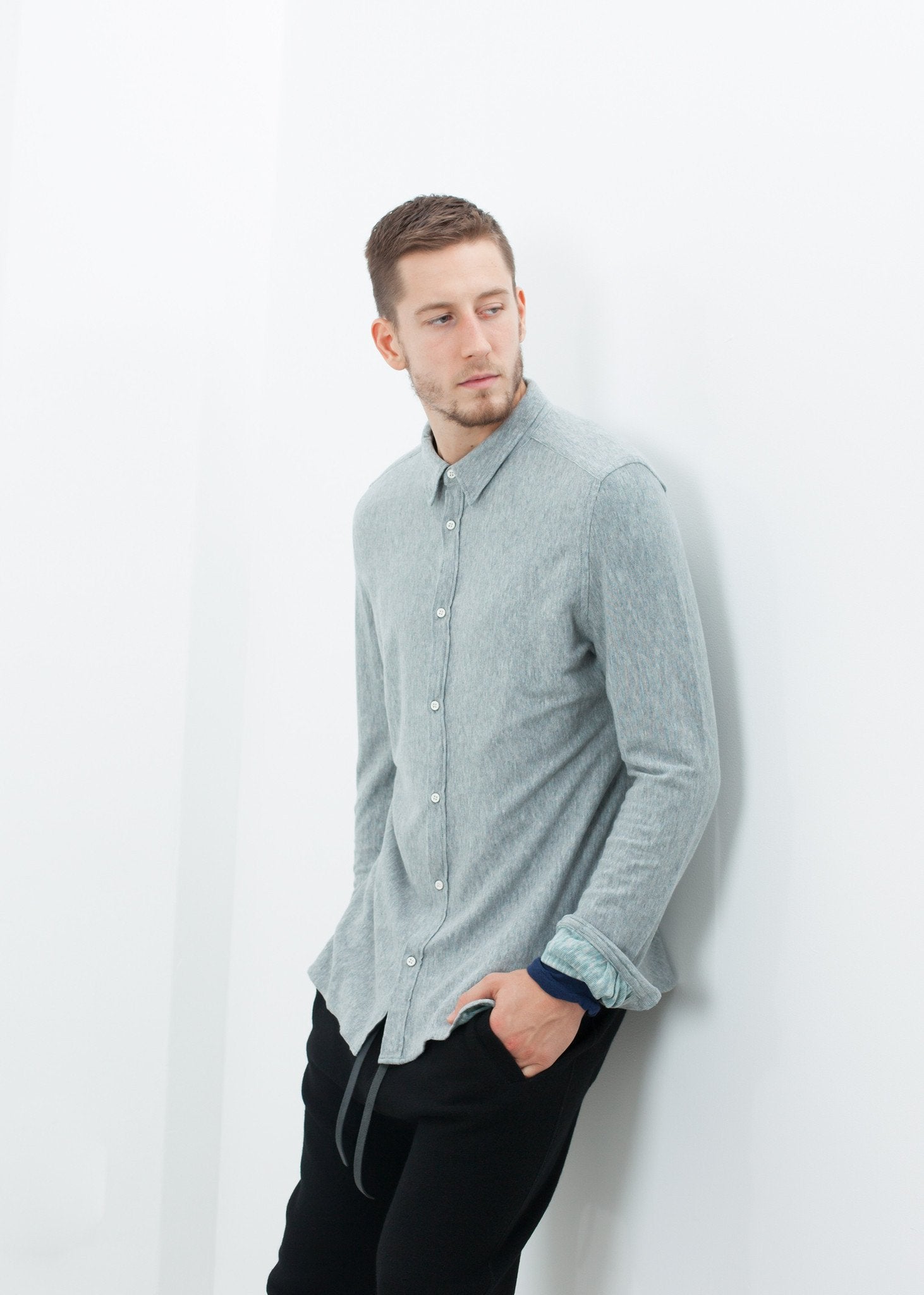 Kasuri Jersey Button-Up in Blue Grey V:Room