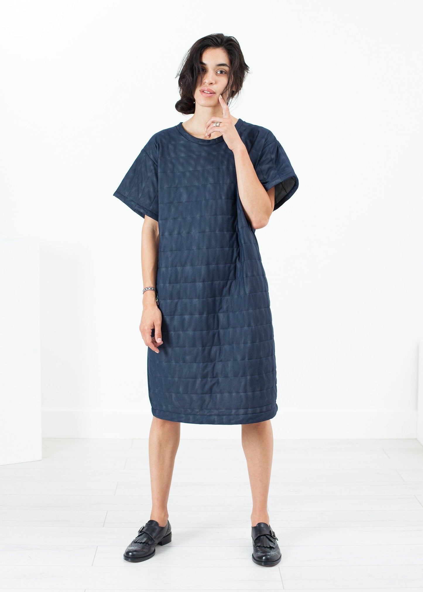 Quilted Mesh T-Shirt Dress in Navy Maria Calderara