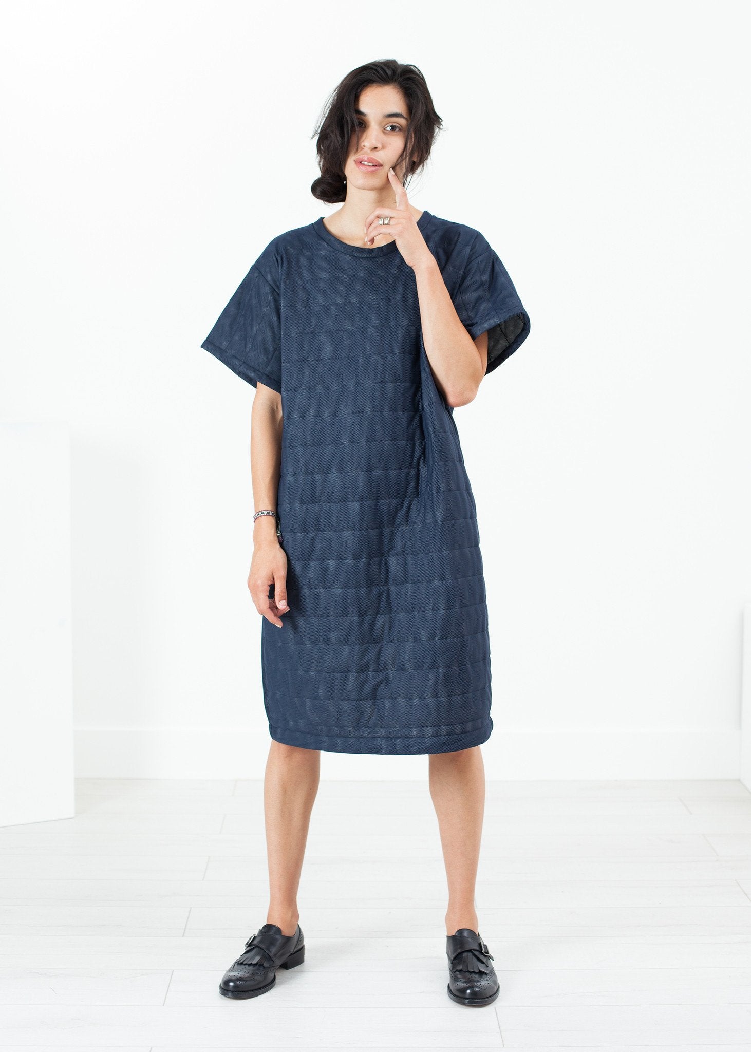 Quilted Mesh T-Shirt Dress in Navy Maria Calderara