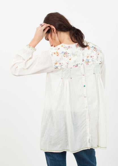 Floral Front Peasant Blouse in White Pero