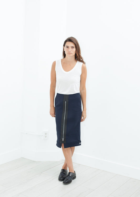 Contrast Zipper Skirt in Navy Hache