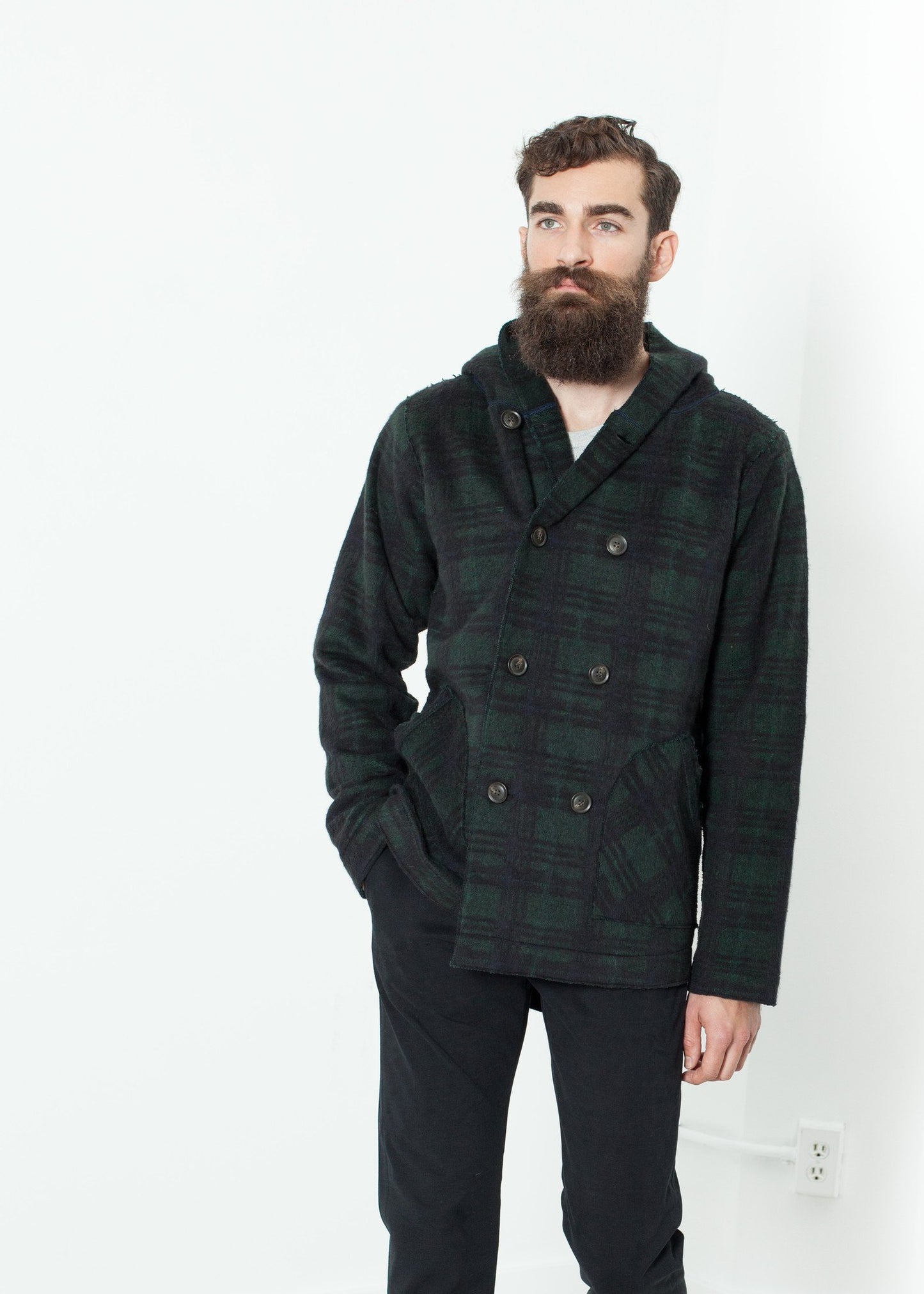 Double Breasted Hoodie in Forest Plaid V:Room