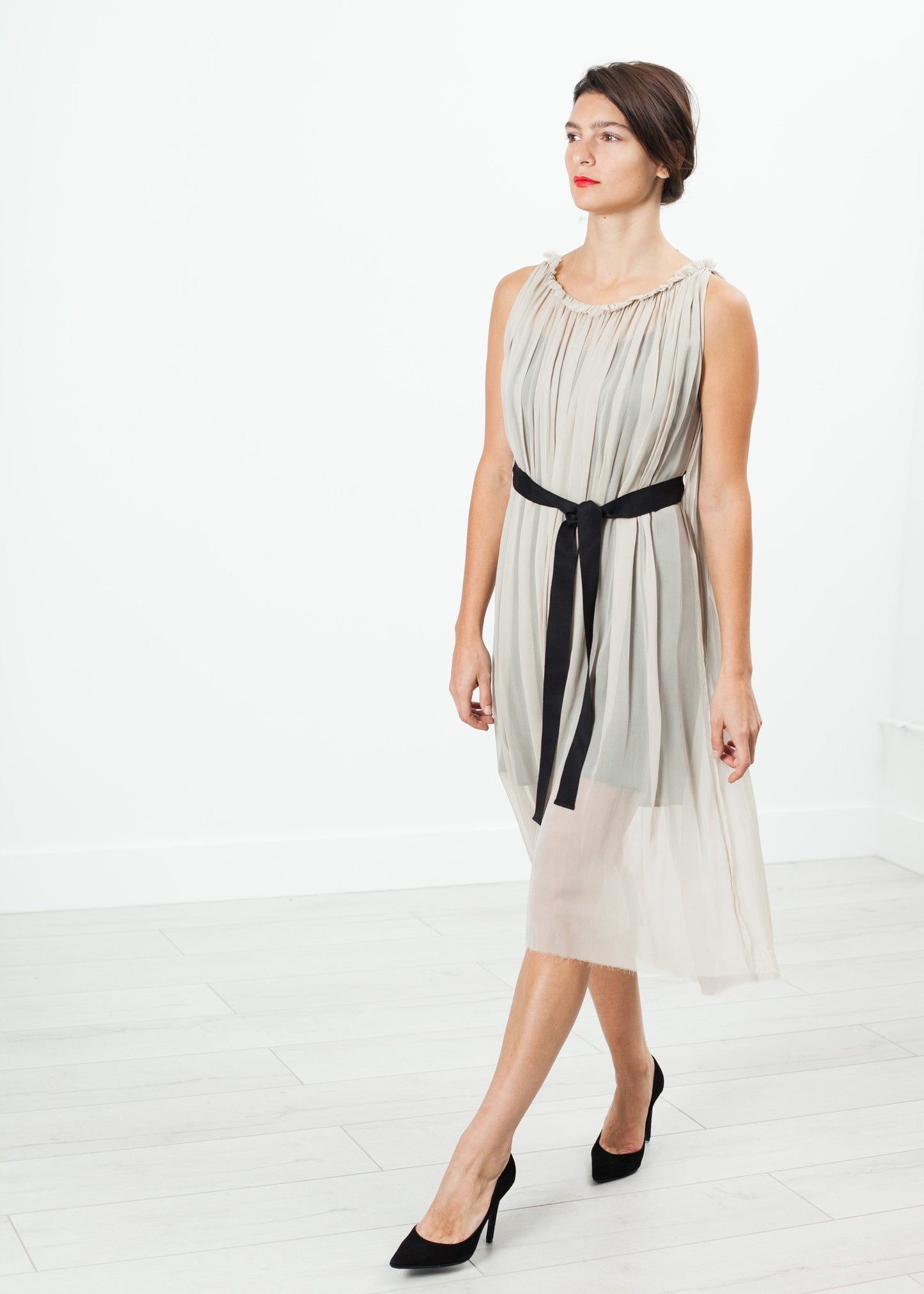 Chiffon Cape Back Dress in Sand Louiza Babouryan