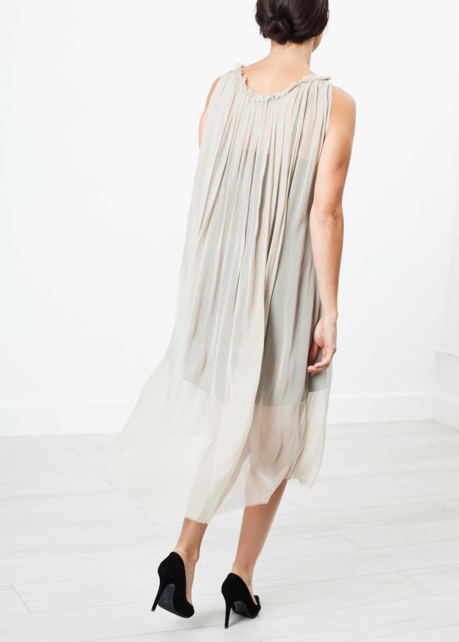 Chiffon Cape Back Dress in Sand Louiza Babouryan