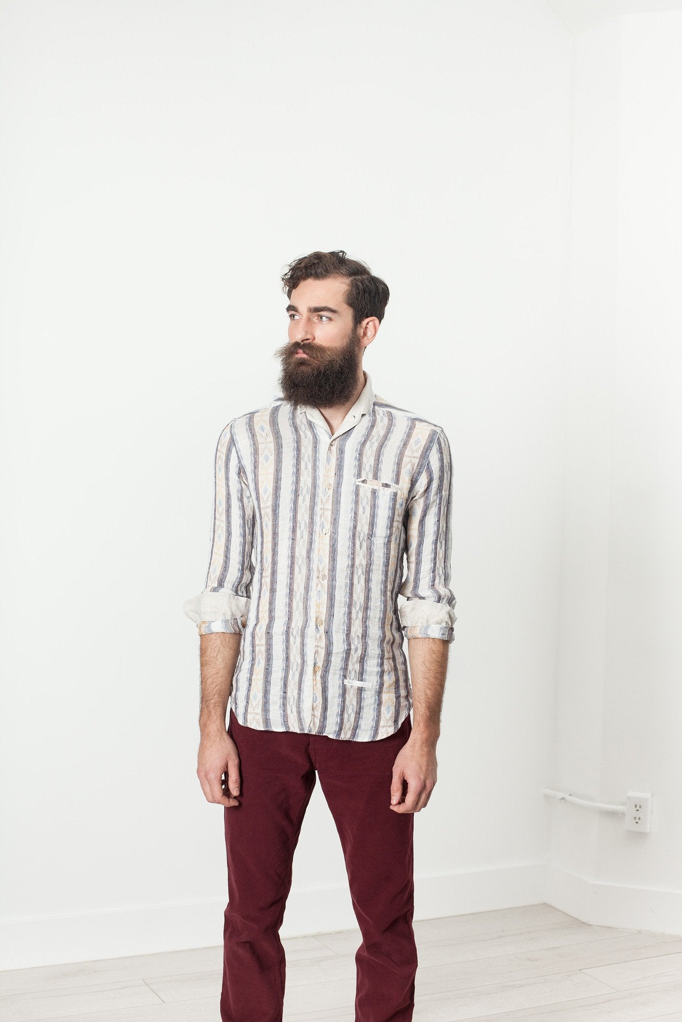 Linen Western Shirt in Beige/Blue DNL