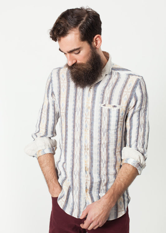 Linen Western Shirt in Beige/Blue DNL