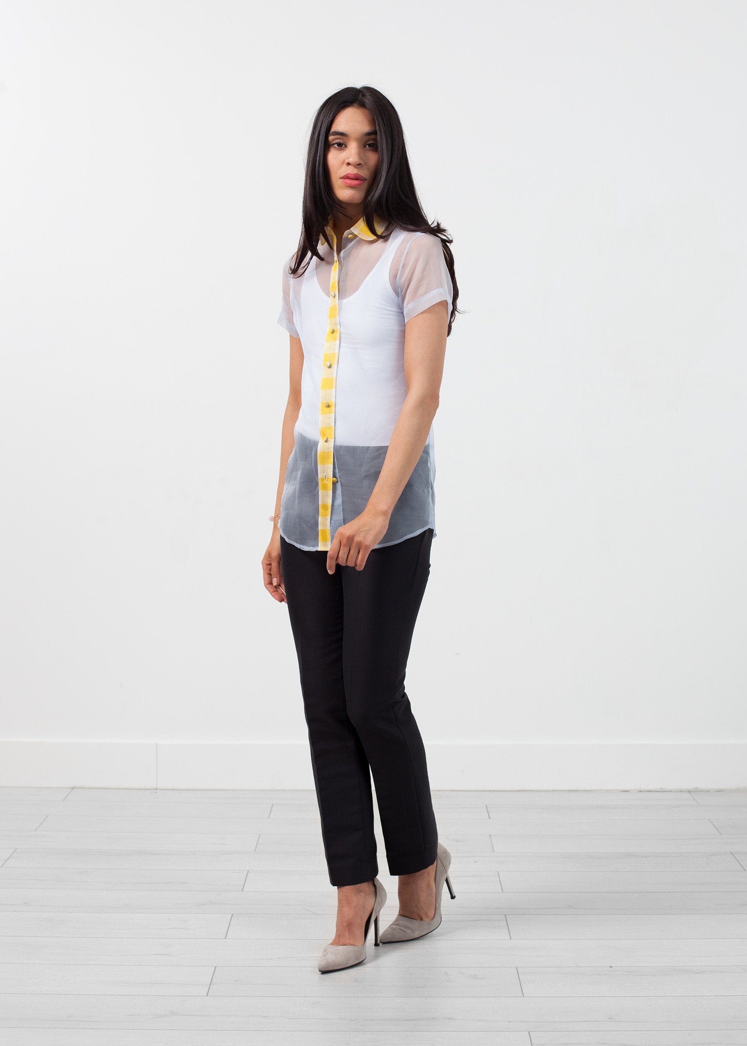 Sheer Button-Up Blouse in Pale Blue Harvey Faircloth